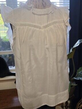 J.Crew Point Sur Pin-Tucked White Lace Flutter Ruffle Cotton Silk Top
